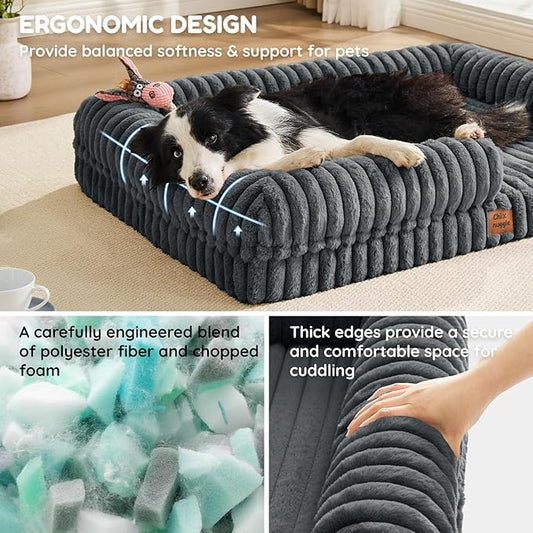 ChiXnuggle Orthopedic Dog Bed with Bolster Sides for Sleeping, Fluffy Plush Rectangular XL Dog Bed, Luxury Striped Faux Fur Waterproof Dog Couch with Removable Washable Cover, Dark Grey