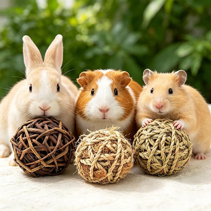8 Pcs Bunny Chew Grass Balls, Hangable Natural Handmade Enrichment Toys for Teeth Grinding, Enrichment Treats for Rodents Rabbits Guinea Pigs Chinchillas Hamsters Mice, Rolling Chew Toys (2.4") (8pcs)