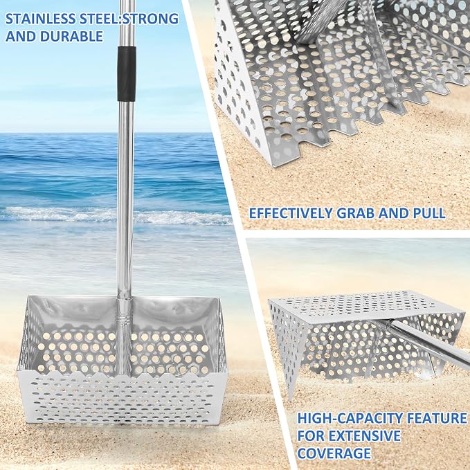 Sand Flea Rake, 65" Long Handle Stainless Steel Sand Sifter, 12" Wide Mesh Screen Beach Rake, Heavy Duty Shark Tooth Sifter for Seaside Collecting Sand Fleas, Shark Teeth, Seashells & MarineTreasures
