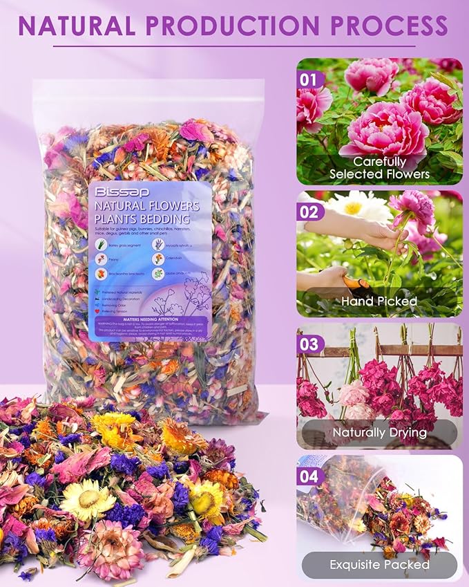 Bissap Natural Flower & Herb Hamster Bedding 300g/10.5oz, Small Animal Flower Habitat Decor for Syrian Dwarf Hamster Gerbil Chinchilla Mice Degu and Other Small Pet Flower Bedding Odor Control Forage