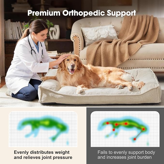FURTIME XL Orthopedic Dog Beds Large Sized Dog, Extra Thick Supportive Comfort Pet Sofa, Ergonomic Slant Dog Couch with Removable Washable Cover, Ultra Soft Surface & Non-Slip Bottom, Beige, 42"