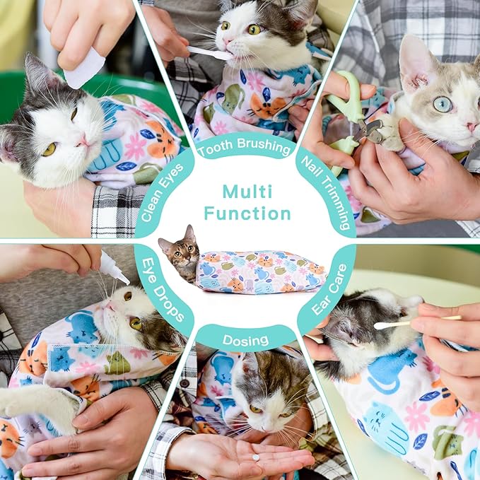 17.7" Cat Grooming Wrap, Cat Wrap for Cutting Nails, Self-Adherent Fabric Wrap for Cats, Cat Burrito Wrap Anti-Scratch, Anti-Escape, Multifunctional Swaddle Wrap Pet Tool (Floral, Medium)