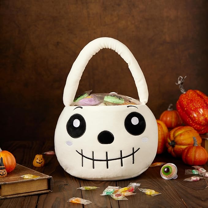 Halloween Plush Treat Basket, Halloween Candy Basket, Trick-or-Treat Bag(White Skull)