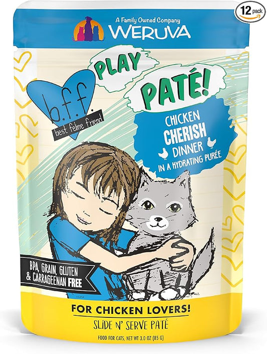 B.F.F. PLAY - Best Feline Friend Paté Lovers, Aw Yeah!, Chicken Cherish with Chicken, 3oz Pouch (Pack of 12)
