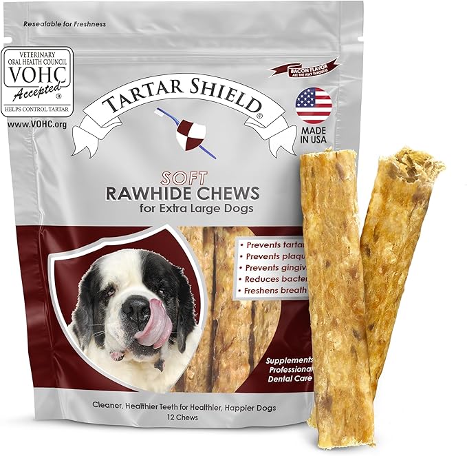 Tartar Shield Soft Rawhide Chews | Safe Dental Treats for Large Dogs | Vet VOHC Approved | Daily Bone Cleans Teeth & Gums Fresh Breath Oral Health Support | USA Made | (XL Dogs / 12 Count)