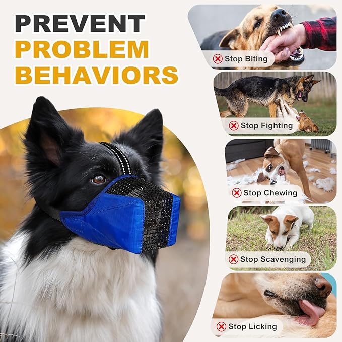 Mesh Dog Muzzle, Breathable Soft Dog Muzzle with Reflective Straps for Secure Fit, Prevents Biting, Chewing Scavenging- Adjustable for Small Medium Large Dogs,Blue,XL