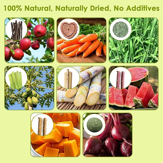 72Pcs Bunny Chew Toys with Applewood Hanging Strings, BunnyTreats for Rabbits Bunny Toys for Teeth, Papaya Stem, Timothy Stick, Apple Sticks, Sweet Bamboo, for Guinea Pig, Hamster, Chinchilla, Rat