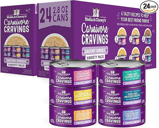 Stella & Chewy's Carnivore Cravings Savory Shreds - Wet Cat Food - High-Moisture Formula with Premium Real Meat - Perfect for Picky Eaters - Variety Pack, 2.8 oz, 24 Count