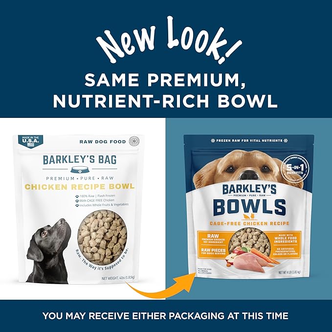 Barkley’s Bowls, Frozen Raw Chicken Dog Food, Fresh Whole Food Ingredients, Cage-Free Chicken, Grain Free, Dog Food Toppers, Human Grade Ingredients, All Dog Breeds, Ages, & Sizes, 4 lb Bag (1 Pack)