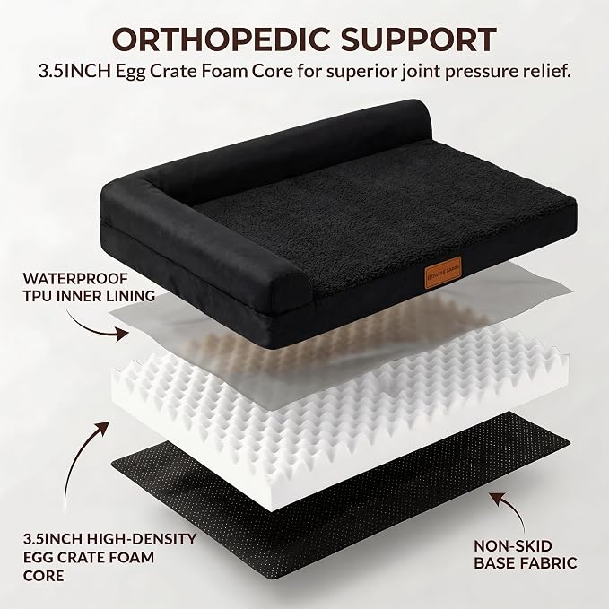 Patas Lague Orthopedic Dog Bed Large Sized Dog 36''X24'', Waterproof L Bolster Medium Pet Sofa Beds with Removable Washable Cover, Soft Pet Couch Crate Mat with Nonskid Bottom, Black