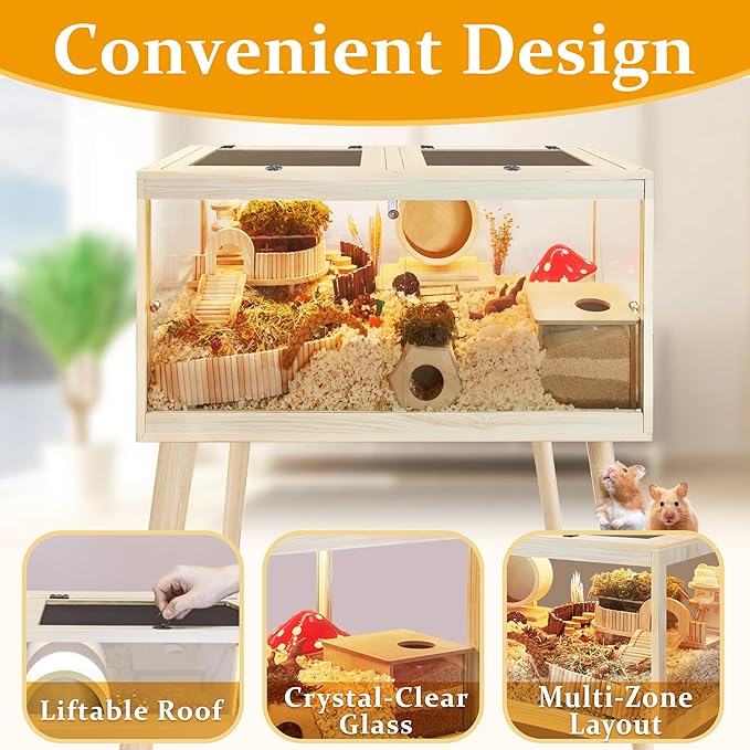 PROLEE Hamster Cage Chewproof, Mice and Rat Habitat with Transparent Sides, Hamster Cage with Openable Mesh Top, Solid Built with Lock Design and Leg Stand, 24" Long