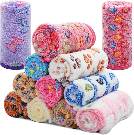Tatuo 12 Pieces 20 x 30 Inch Dog Blanket Super Soft Warm Cat Sleep Mat Pet Kitten Doggy Fluffy Fleece Blankets with Cute Dog Paw Bone Star Elephant Patterns Printed Fluffy Blanket for Small Cat Puppy