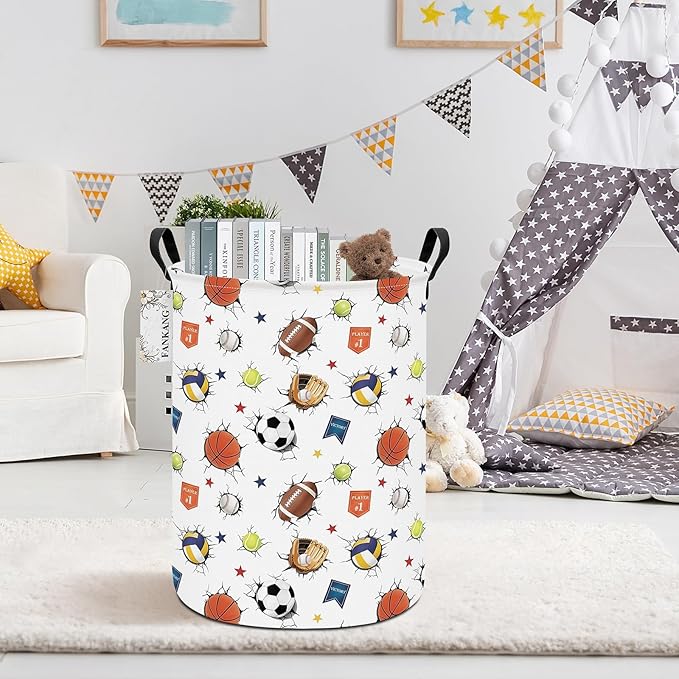Storage Basket, Nursery Hamper Canvas Laundry Basket Foldable with Waterproof PE Coating Large Storage Baskets for Kids Boys and Girls, Office, Bedroom, Clothes,Toys(3D Sports Balls)