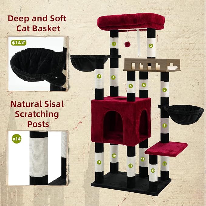 Gitelsnour Cat Tree for Indoor Cats Large Adult, Heavy Duty Cat Tree for Large Cats 20 lbs+, Cat Condo with Big Wooden Perch, Cat Tower with 14 Scratching Posts, Hammock, Black GCT023BR