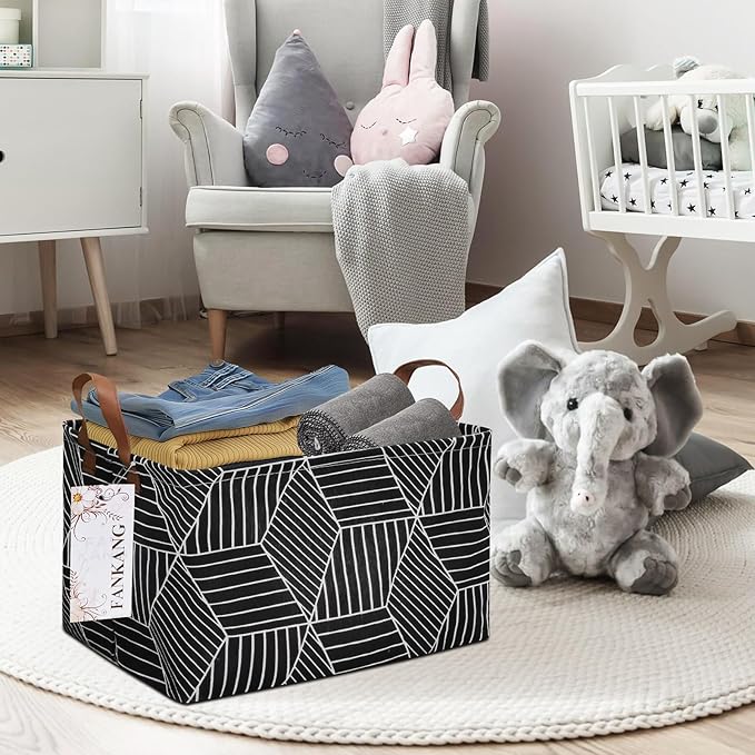 Storage Basket,Nursery Hamper Canvas Laundry Basket Foldable with Waterproof PE Coating Storage, Office, Bedroom, Clothes,Toys (Rec-Black Cube)