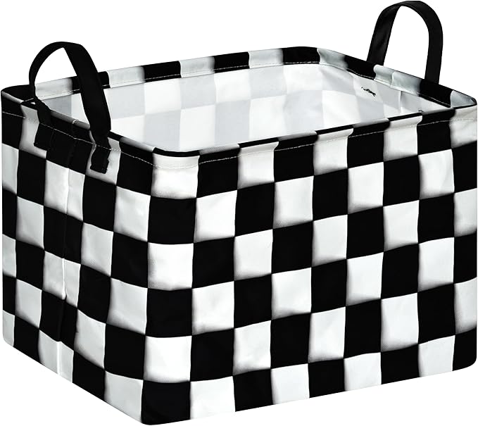 Rectang Checkered Flag Storage Basket Gift Shelf Basket Storage Bin, Nursery Basket Organizer Box for With Handles for Room Deco