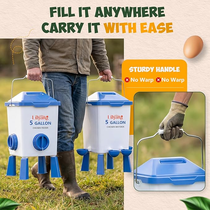 Lilyang Large Chicken Feeder and Waterer Set 5 Gallon, Automatic No-Waste Feeder, Elevated Water Dispenser with Legs, Anti-Spill Ports & Leak-Proof Cups, Feed Chickens & Ducks