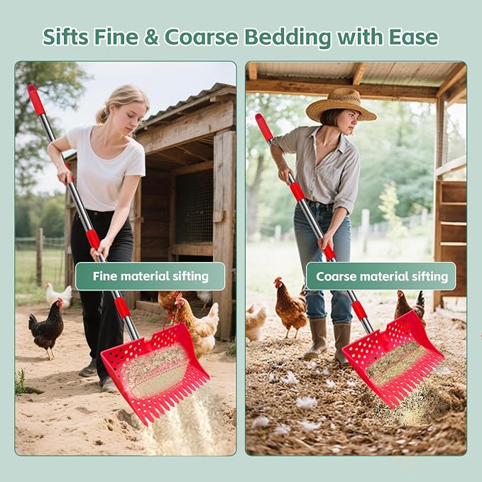 12" 2-in-1 Chicken Poop Scooper & Rake, 3-Shape Sifting Holes Chicken Coop Rake, Stainless Steel Handle (20–61") - Litter Scooper & Sand Sifting Shovel (U.S. Patent No. D1124534) - Red