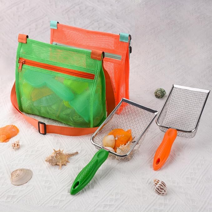 MUYIZI Beach Mesh Shovel with Mesh Beach Bag for Shell Collecting, Kids Sand Sifter for The Beaches,Shell Scooper for Beaches,Shark Tooth Sifter Dipper,Sea Shell Bags for Kids,Sand Toy (Orange+Green)