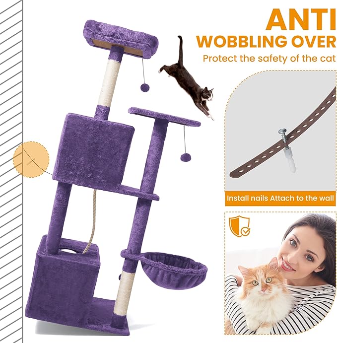 54-Inch Cat Tree Tower with 2 Caves & 2 Pompoms - Multi-Level Tower for Indoor Cats, Soft Plush Condo with Scratching Posts - Sturdy Base for Large Cats(Purple)