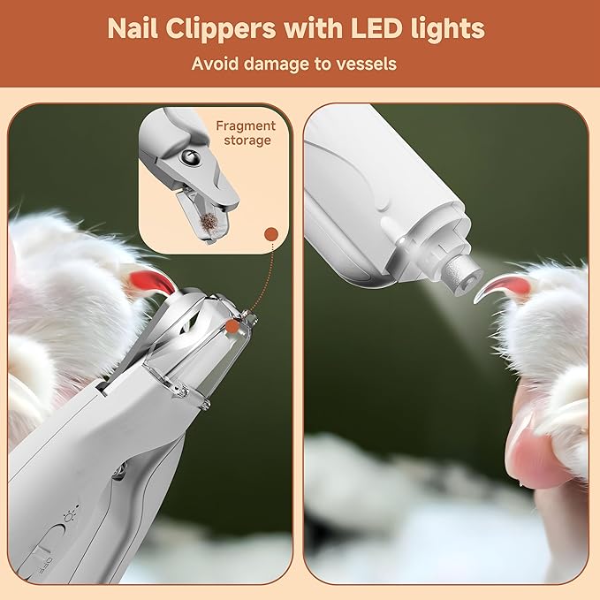 2-in-1 Dog Nail Clippers with Lights 2 LED & Dog Nail Grinder Quiet, Dog Nail Trimmers, USB Rechargeable and Splash Guard, Pet Nail Grinder for Small, Medium, and Large Dogs & Cats