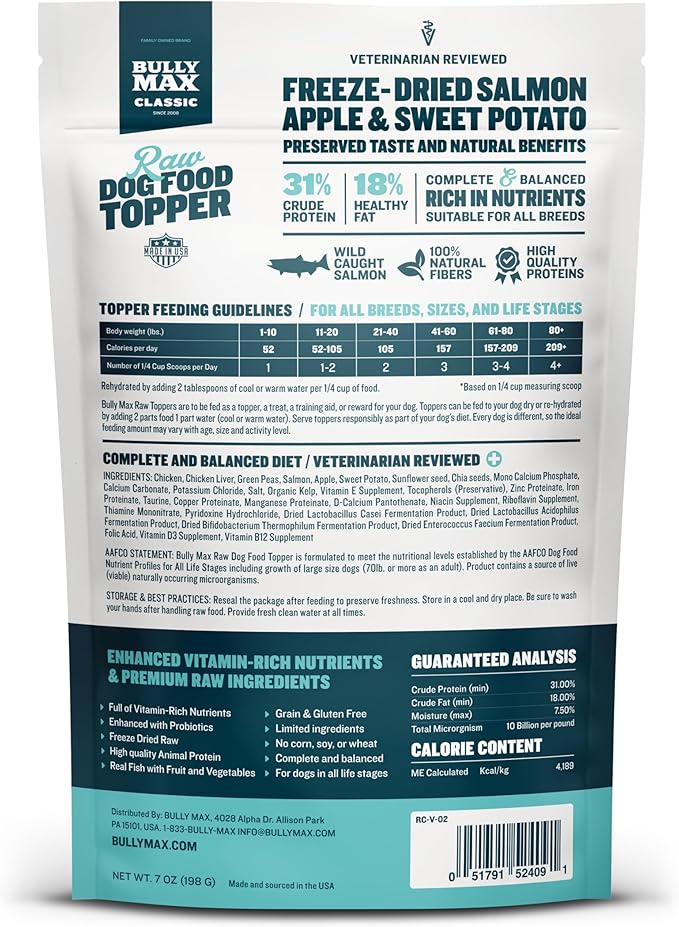 Bully Max Freeze-Dried Raw Dog Food Toppers for Puppies & Adult Dogs - Salmon with Real Fruits & Veggies - Meal Enhancers with Vitamins & Minerals - Feed as Puppy Treat or Dog Meal - 3 Pack