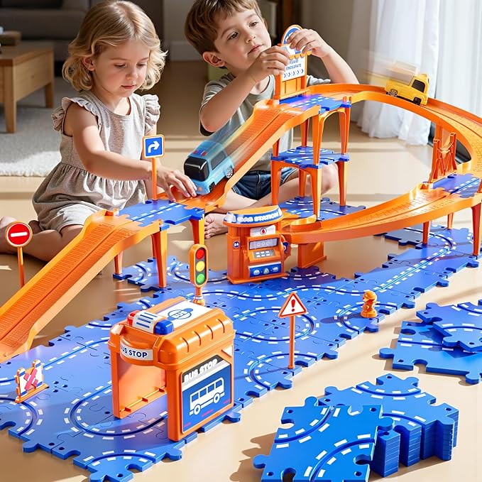 NIPLOOOW Puzzle Race Car Track Set for Kids 3-5, Floor Puzzle Track Car Set, Toddler Toys for 3 4 5 6 Years Old Boys, Toys Gift for Kids Boys Girls Age 3 4 5 6 7 8 Years Old