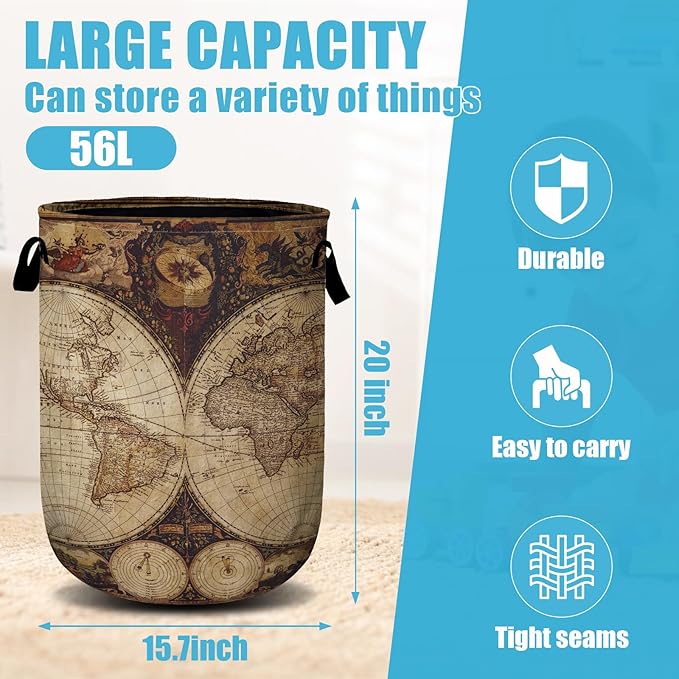 World Map Laundry Basket, Laundry Hamper Collapsible Oxford Cloth with Handle Clothes Storage Bin for Bathroom Laundry Room Bedroom 15.7 X 20 Inch