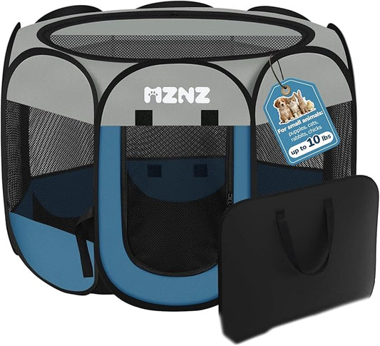Dog Cat Playpen, Portable Small Animal Playpen Crate Indoor for Dogs Cats Rabbits, Foldable Guinea Pigs Bunny Cage Enclosure Outdoor, Pop Up Dogs Cats Tent Kennel with Carrying Case, Grey Blue