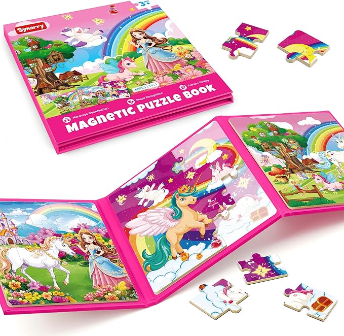 SYNARRY Unicorn Princess Fairy Magnetic Puzzles for Toddlers 3-5 Girls, 20 Pieces Travel Puzzles for Kids Ages 4-6, Easter Basket Stuffers for Kids, Car Airplane Road Trip Activities Magnet Games Toy
