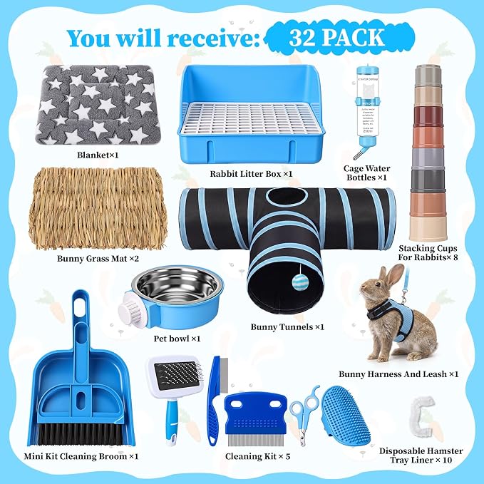 34 Pcs Rabbit Starter Kit Rabbit Litter Box Small Animal Water Bottle Cups Bunny Tunnels Animal Grooming Kit Bowl Blanket with Cleaning Set for Guinea Pig Bunny(Style 2,Dark Blue)