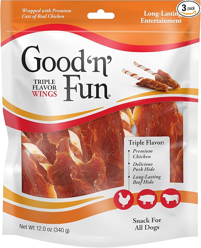 Good 'n' Fun Triple Flavor Chews for Dogs, 12 Ounces | Wings | Long-Lasting | Made with Chicken | Contains Hide