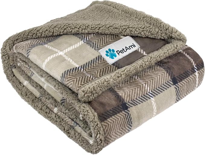 PetAmi Dog Blanket for Small Medium Dogs and Cats, Soft Sherpa Fleece Pet Blanket Throw for Puppies Kittens, Reversible Plush Couch Cover Protector Sofa Bed Crate, Machine Washable, 60x40, Plaid Taupe