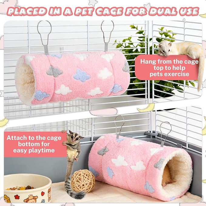 Ferret Rat Guinea Pig Tunnels - RAINFLOW Soft Rabbit Tunnel for Playing & Resting, Portable Hanging Guinea Pig Toys Accessories for Hedgehogs Hamster Squirrel Sugar Glider, Pink Cloud