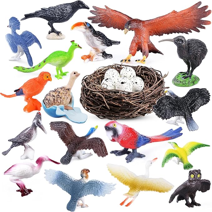 SIENON 23Pcs Realistic Birds Toy Playset, Assorted Wildlife Bird Figures with Nest, Raven, Kiwi, Ostrich, Macaw, Golden Eagle Hawk for Kids Educational Toy Birthday Décor Party Favor School Project