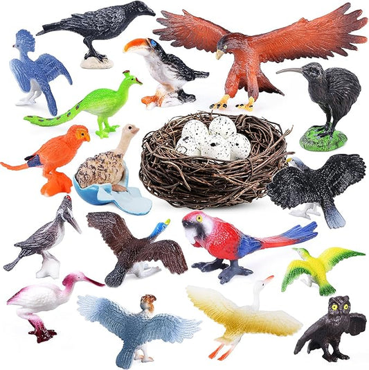 SIENON 23Pcs Realistic Birds Toy Playset, Assorted Wildlife Bird Figures with Nest, Raven, Kiwi, Ostrich, Macaw, Golden Eagle Hawk for Kids Educational Toy Birthday Décor Party Favor School Project