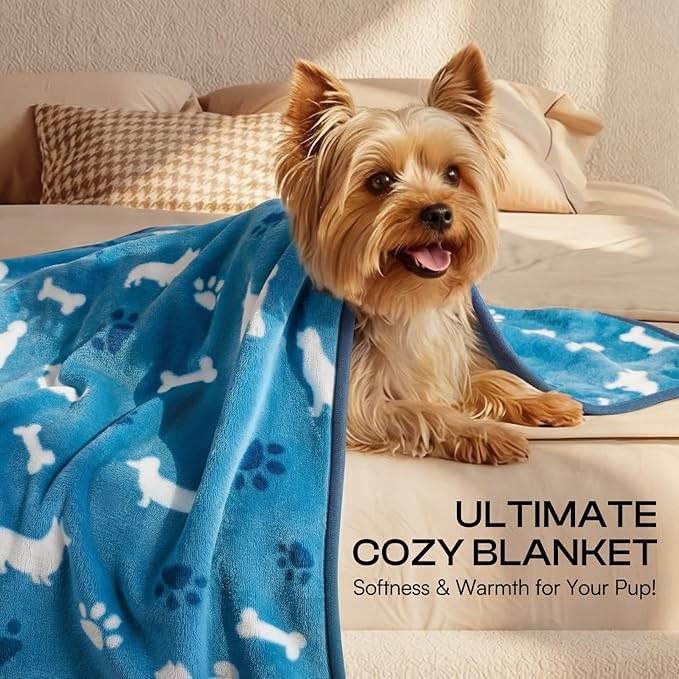 Luciphia 3 Pack Dog Blankets, Soft Fleece Puppy Blanket with Cute Bone Print, Cozy Pet Throw Blanket for Crate Couch Bed Travel, Machine Washable, Blue/Grey/Khaki,30x20