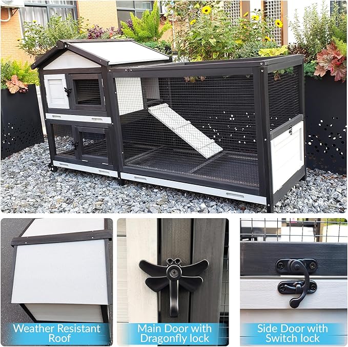 53 inches Wooden Rabbit Hutch for Small Animals with 2 Rolling Wheels Indoor Outdoor Pet Cage (Medium) Bunny Cages with Removable Trays and Bedding Area Waterpoof roof