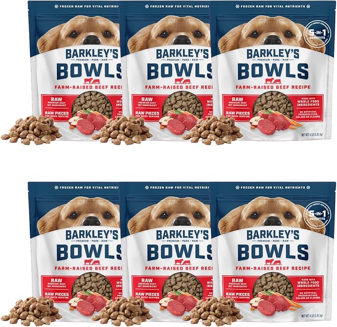 Barkley’s Bowls, Frozen Raw Beef Dog Food, Fresh Whole Food Ingredients w/Farm-Raised Beef, Grain Free, Dog Food Toppers, Human Grade Ingredients, for All Dog Breeds, Ages, & Sizes, 4 lb Bag (6 Pack)