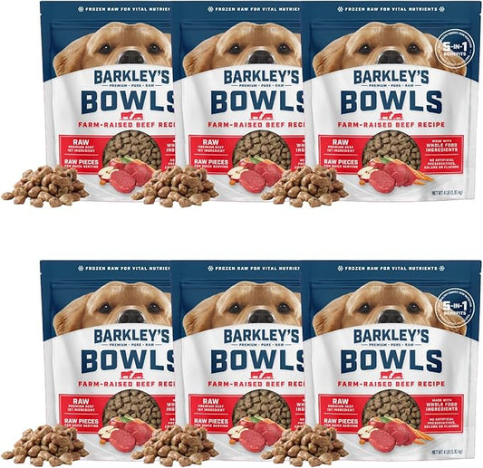 Barkley’s Bowls, Frozen Raw Beef Dog Food, Fresh Whole Food Ingredients w/Farm-Raised Beef, Grain Free, Dog Food Toppers, Human Grade Ingredients, for All Dog Breeds, Ages, & Sizes, 4 lb Bag (6 Pack)