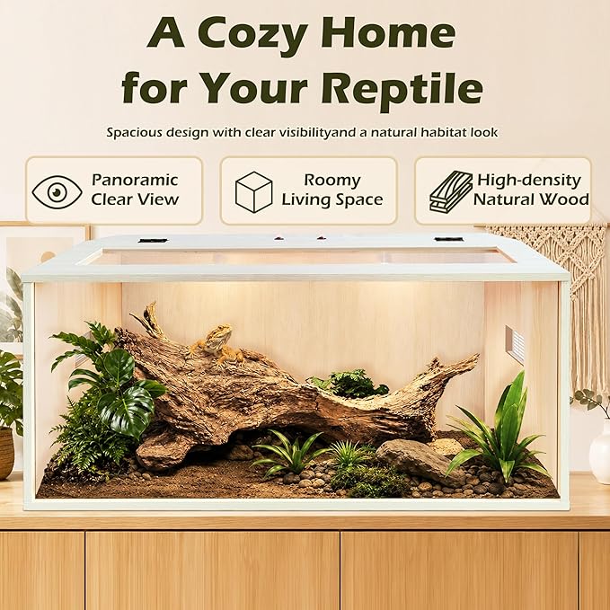 PROLEE Bearded Dragon Tank,Wooden Reptile Tank and Lizard Tank,Tempered Glass Large Bearded Dragon Enclosure with Built-in Lamp Fixture (32X16X16inch,34 Gallons)
