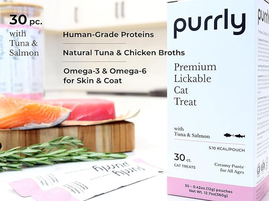 Purrly Squeezable Cat Treats Wet Healthy Interactive Hydrating Human-Grade Tuna & Salmon with Omega-3 & 6 for Skin & Coat (30 Count) Lickable Creamy Puree Topper Wild-Caught No-Artificial-Additives
