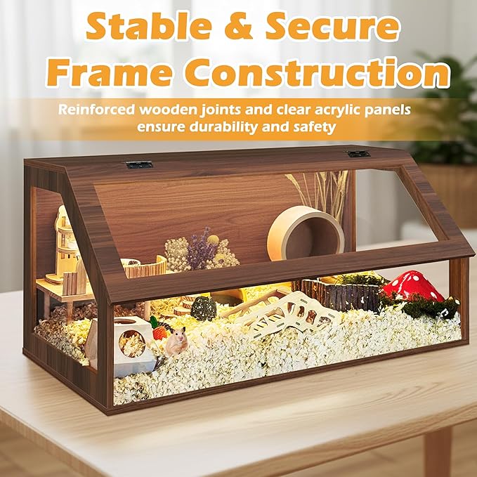 PROLEE Hamster Cage Chewproof, 40" x 20" x 20" Sloped Mice and Rat Habitat with Clear View, Solid Built with Lockable Design and Openable Top, Walnut
