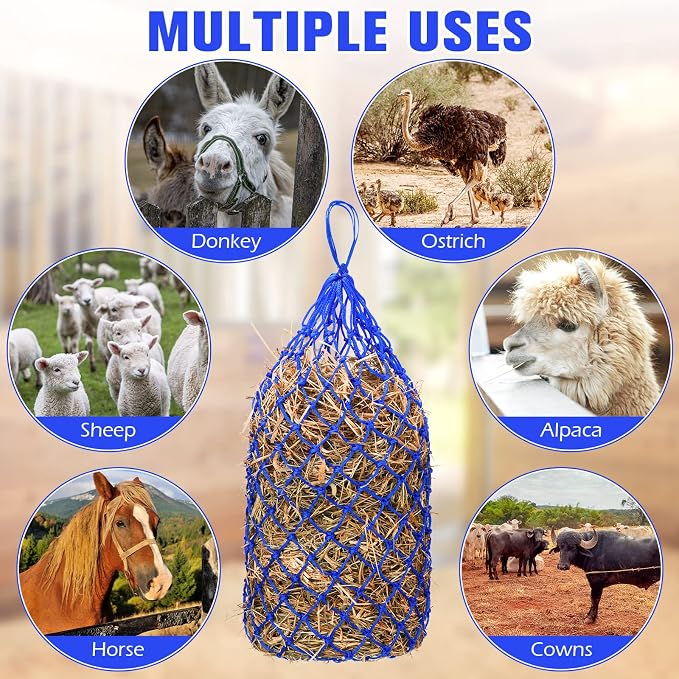 Nuenen 4 Pcs Hay Bags for Horses Goat 40 Inch Oxford Slow Feeder Hay Nets Bag for Horses Sheep Hanging Feeding Supplies Trailer Stable(Blue)