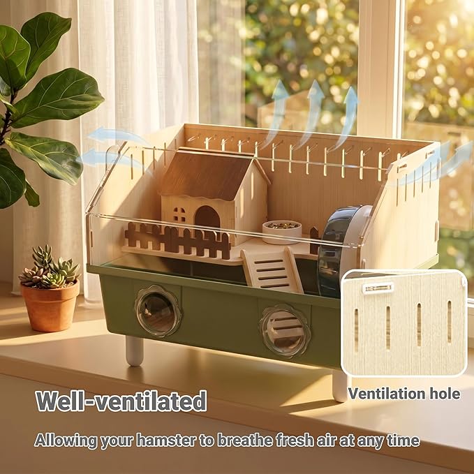 Small Animal Houses & Habitats, Hamster Cage for Dwarf Mouse, Complete Acrylic Small Animal Starter Kit with Accessories, Easy Clean Transparent Pet Cage for Hamsters Gerbils (Green)