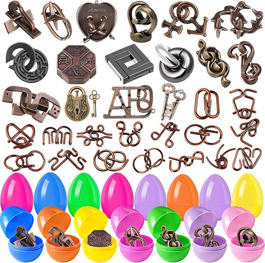 32 Pack Brain Teaser Puzzles & Colorful Easter Eggs - Challenging Metal Wire Puzzles for Kids & Adults - DIY Easter Basket Stuffers, Family Logic Games, Party Favors