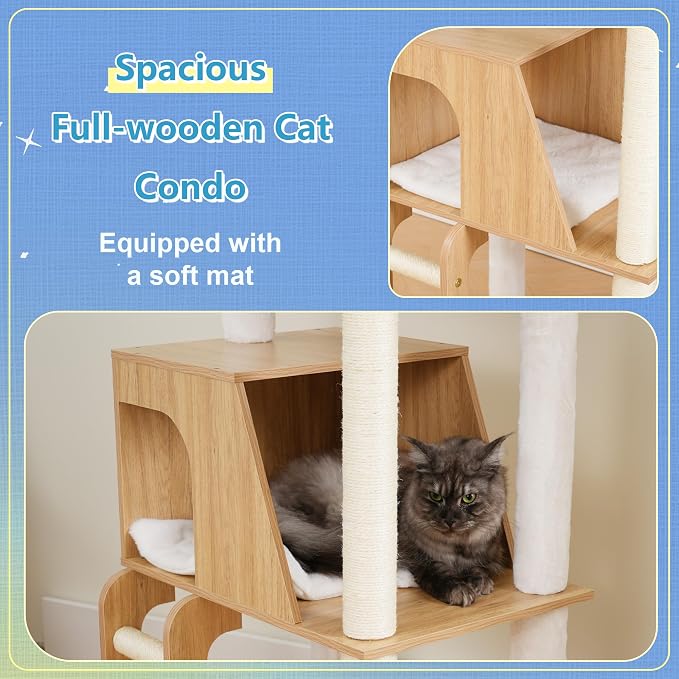 Hey-brother Wooden Cat Tree, 69.7 inch Cats Furniture Tower with Large Platforms, Hammocks, Spacious Condo, Full Sisal Scratching Posts, Ladder, Brush, Water Proof Surface, White Oak MPJ121BT