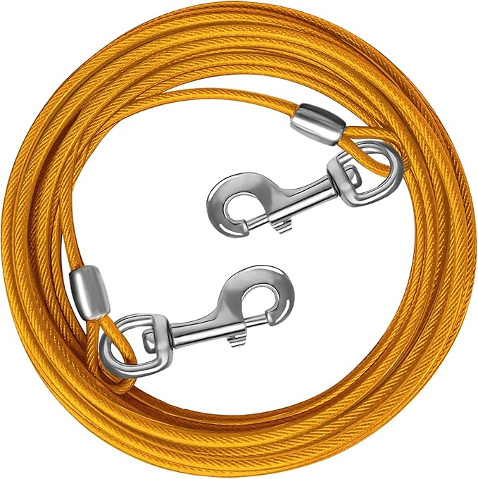 Dog Tie Out Cable 10/15/20/25/30 FT Runner for Yard Steel Wire Cable with Durable Superior Clips Yellow Dogs Chains for Outside Dog Lead for Large Dogs Up to 165 lbs