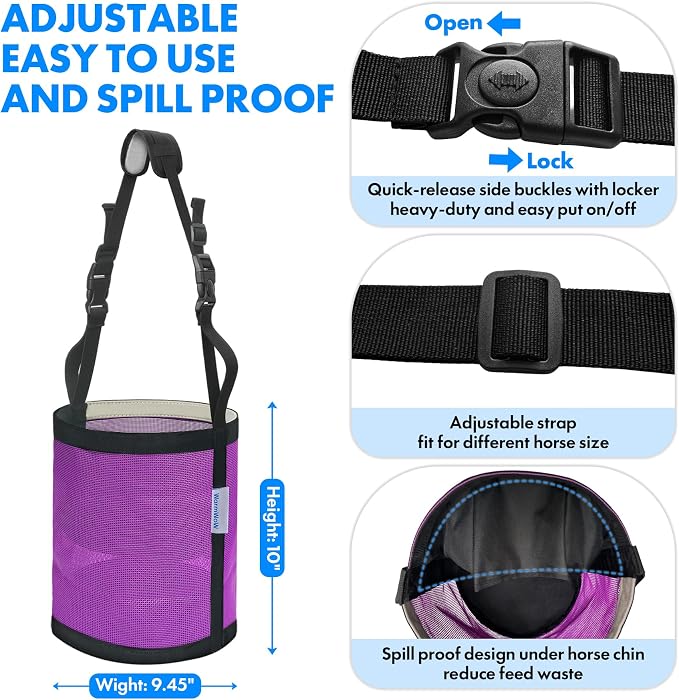 Horse Feed Bag Pack of 2 (Reinforced Bottom Edging), Feed Bags for Horses with Ventilation Mesh, Comfort Nose Pad Neck Pad, Adjustable Strap, Spill Proof Design for Feeding Grain, Supplements