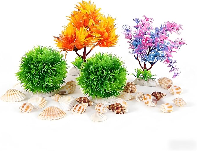 Aquarium Decor Set – Fish Tank Decorations & Accessories with Artificial Aquarium Plants, Shells, Coral Reef Decor, Betta Fish Tank Accessories & Ornaments for Small or Large Fish Tanks